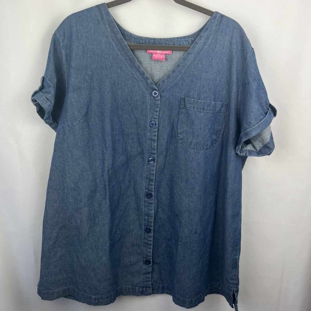 Woman Within Plus 22W Denim Shirt Button Up Blue Cotton V Neck Short Sleeves